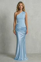 Satin Draped Elegance One Shoulder Maxi Dress