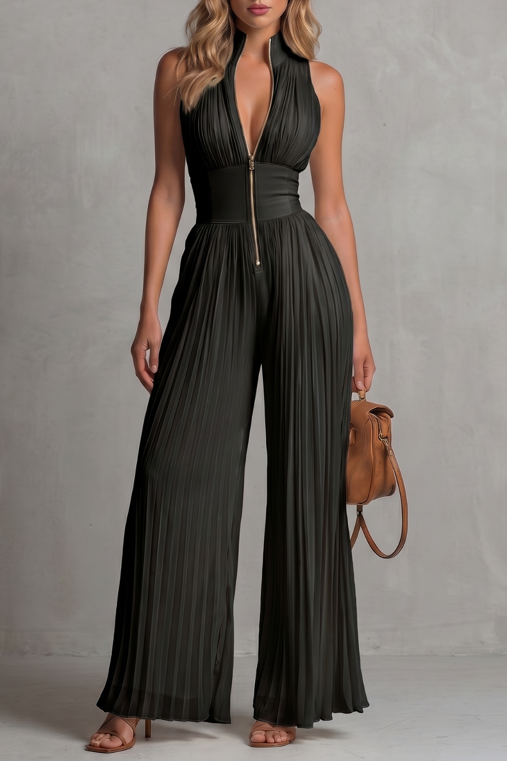 Pleated halter elegance | Wide-leg jumpsuit