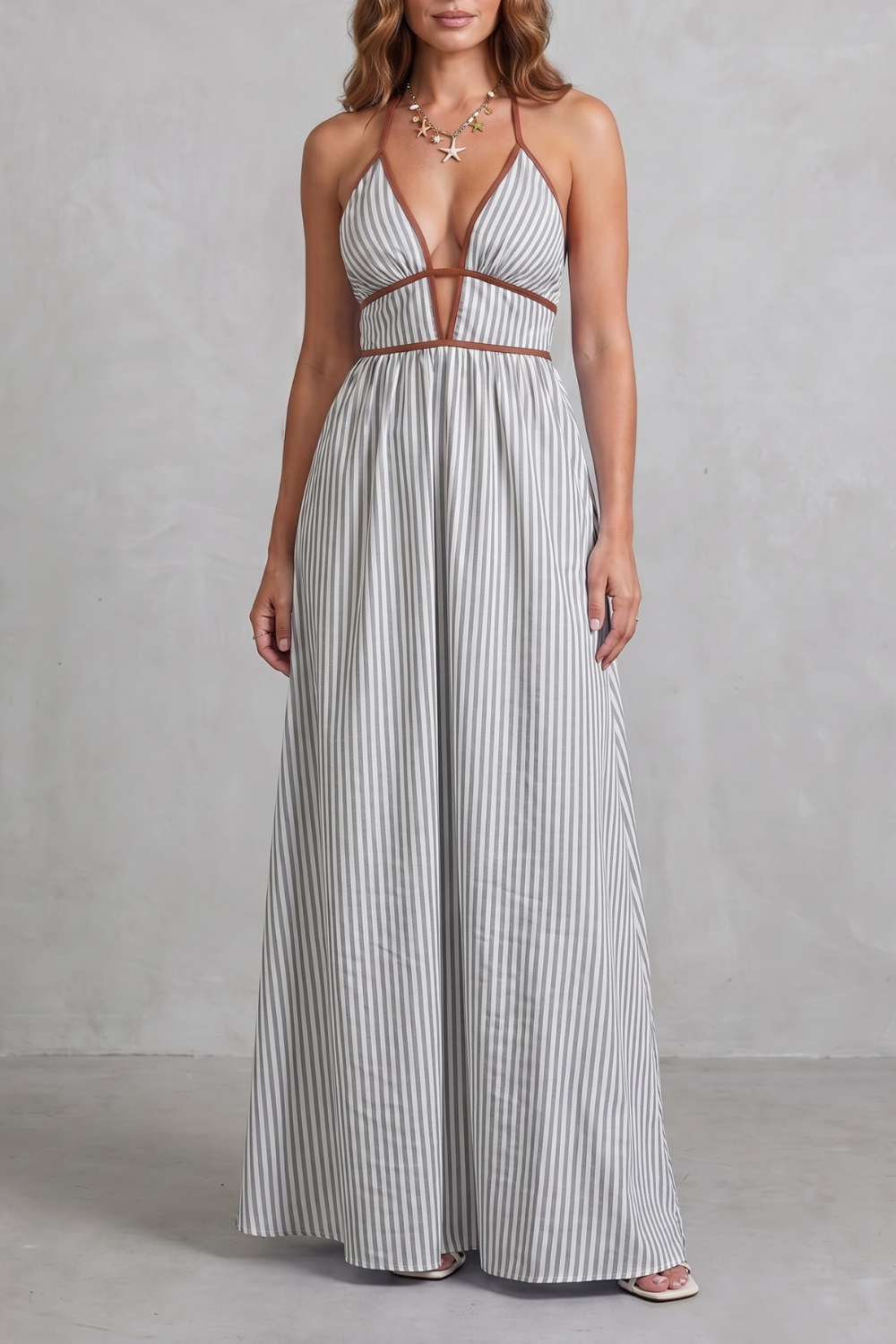 Striped Backless Silhouette Maxi Dress