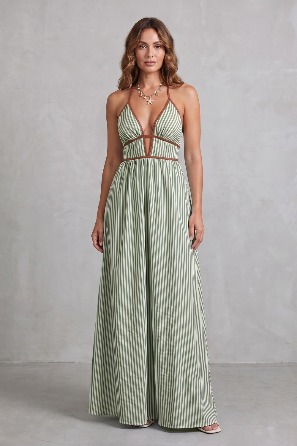 Striped Backless Silhouette Maxi Dress