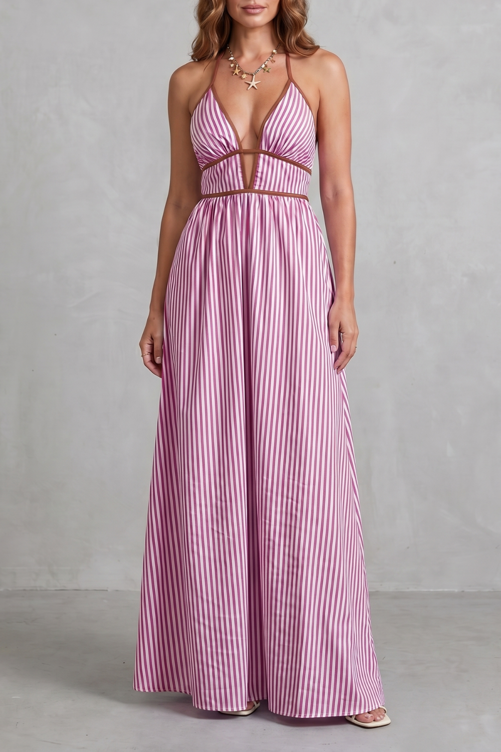 Striped Backless Silhouette Maxi Dress