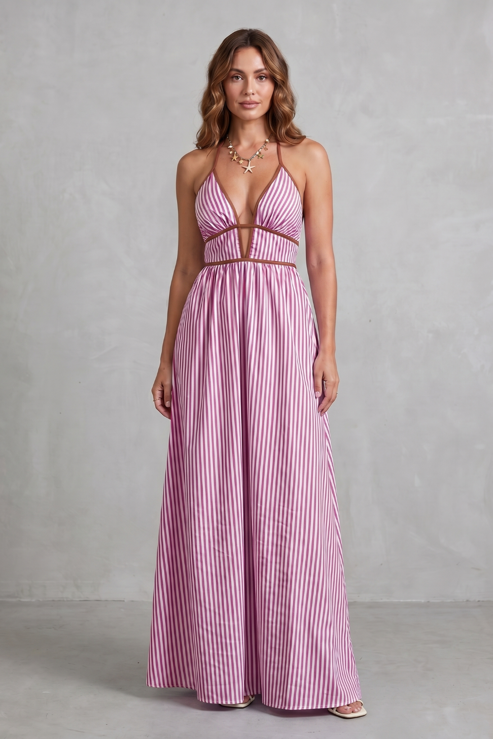 Striped Backless Silhouette Maxi Dress