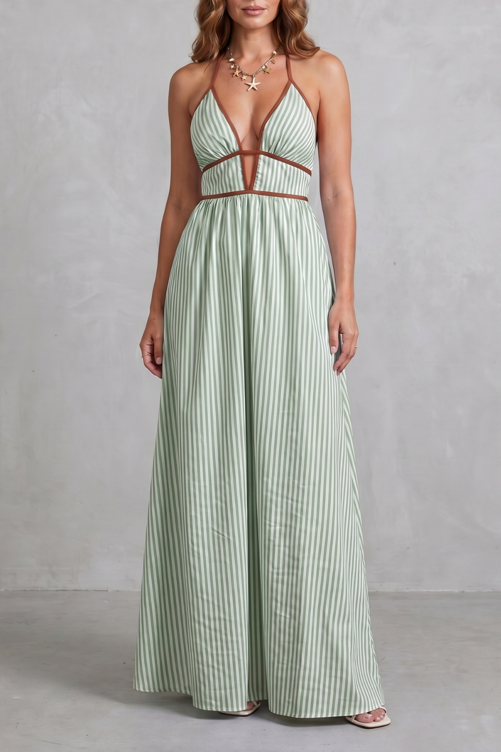 Striped Backless Silhouette Maxi Dress