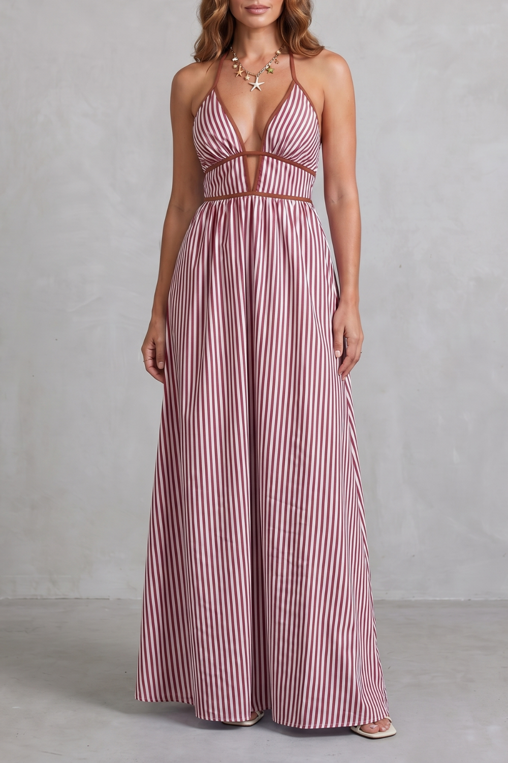 Striped Backless Silhouette Maxi Dress