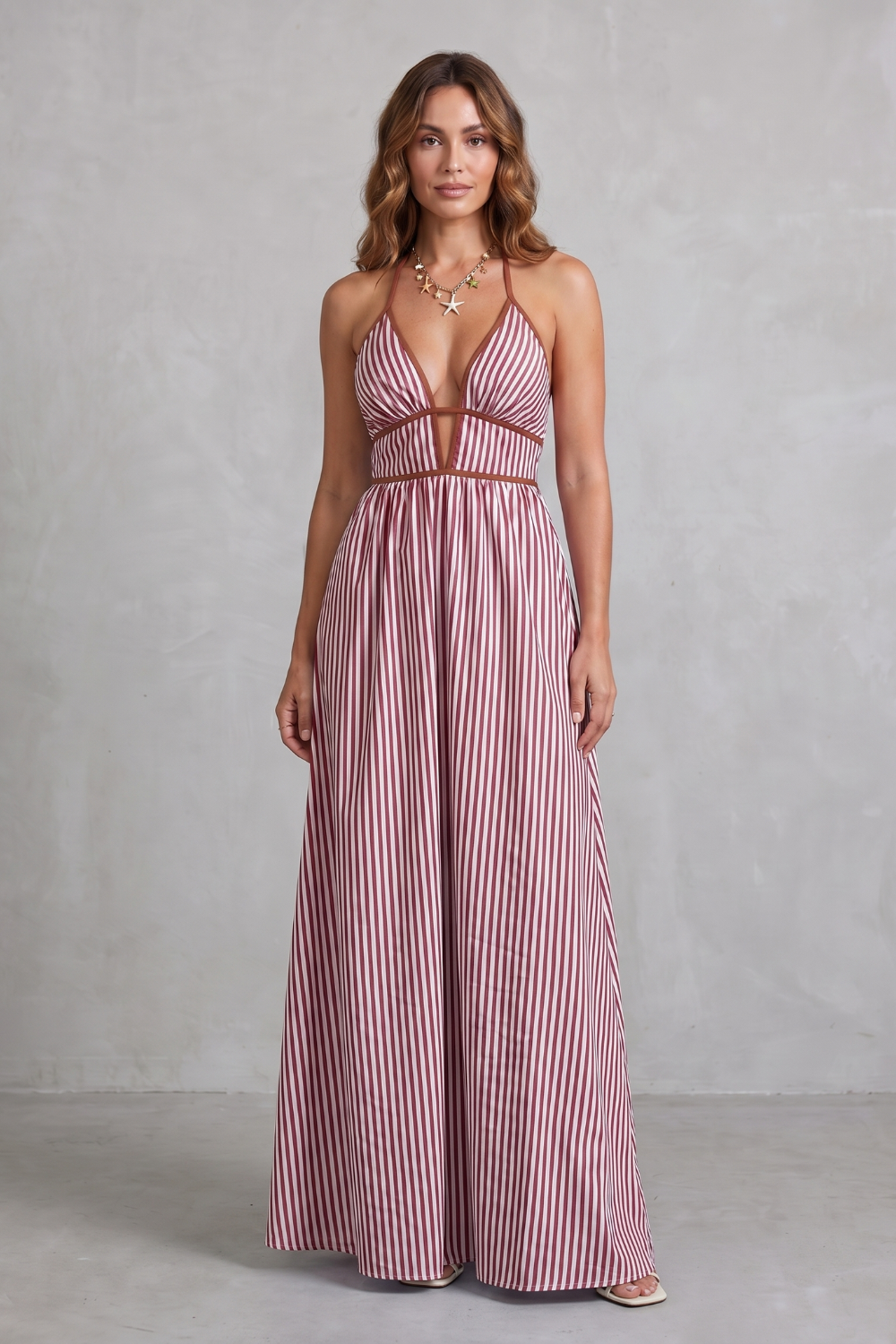 Striped Backless Silhouette Maxi Dress