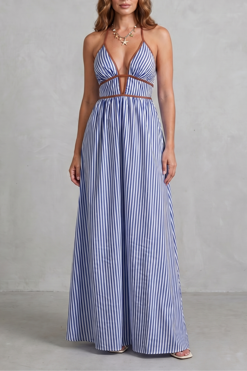 Striped Backless Silhouette Maxi Dress