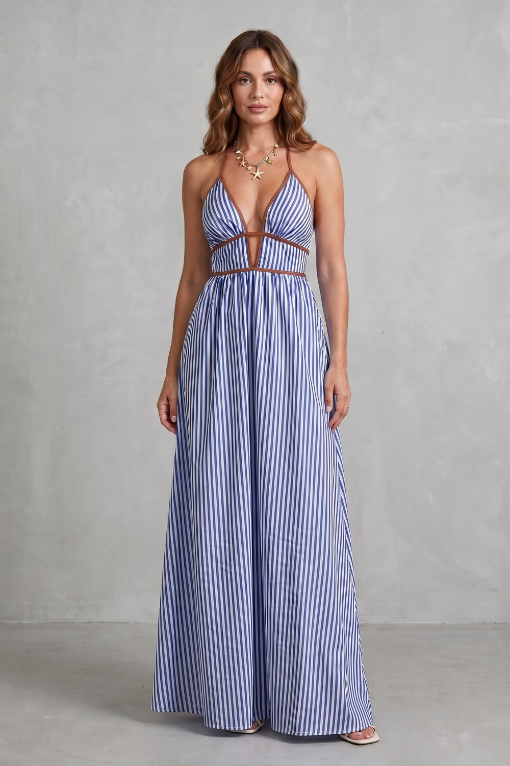 Striped Backless Silhouette Maxi Dress