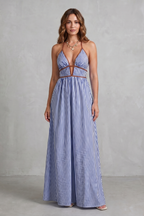Striped Backless Silhouette Maxi Dress