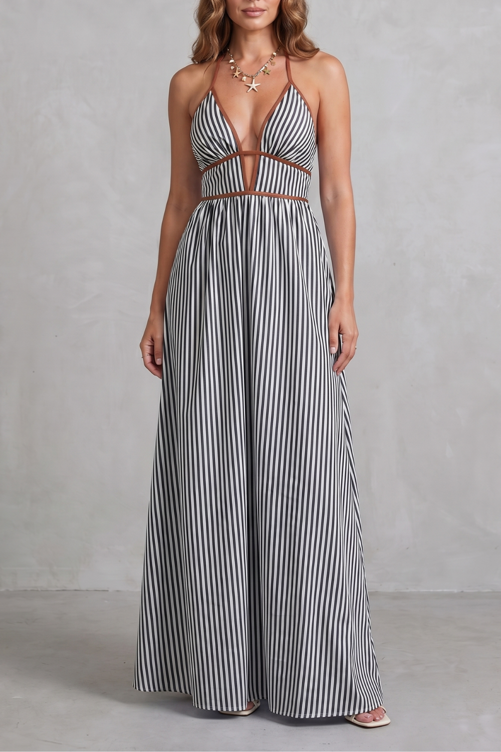 Striped Backless Silhouette Maxi Dress