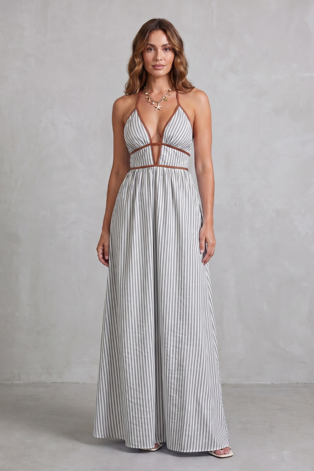 Striped Backless Silhouette Maxi Dress