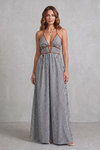Striped Backless Silhouette Maxi Dress