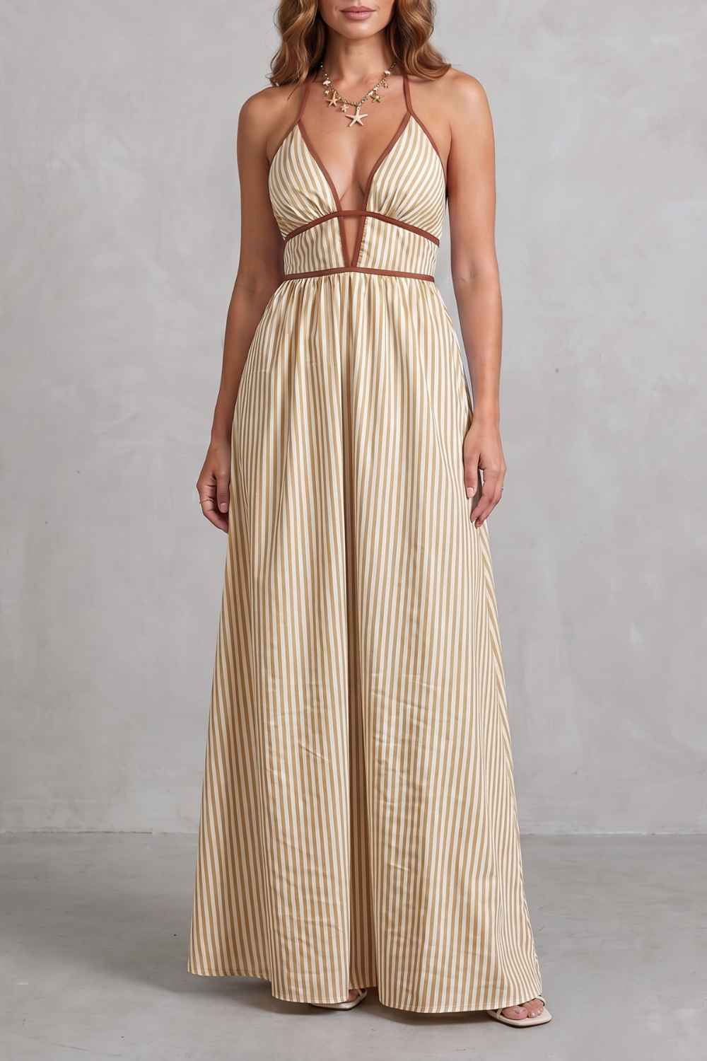 Striped Backless Silhouette Maxi Dress