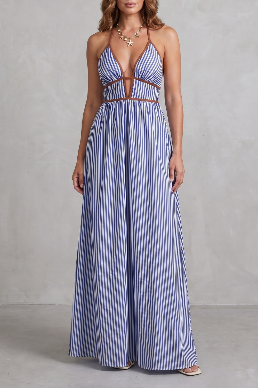 Striped Backless Silhouette Maxi Dress