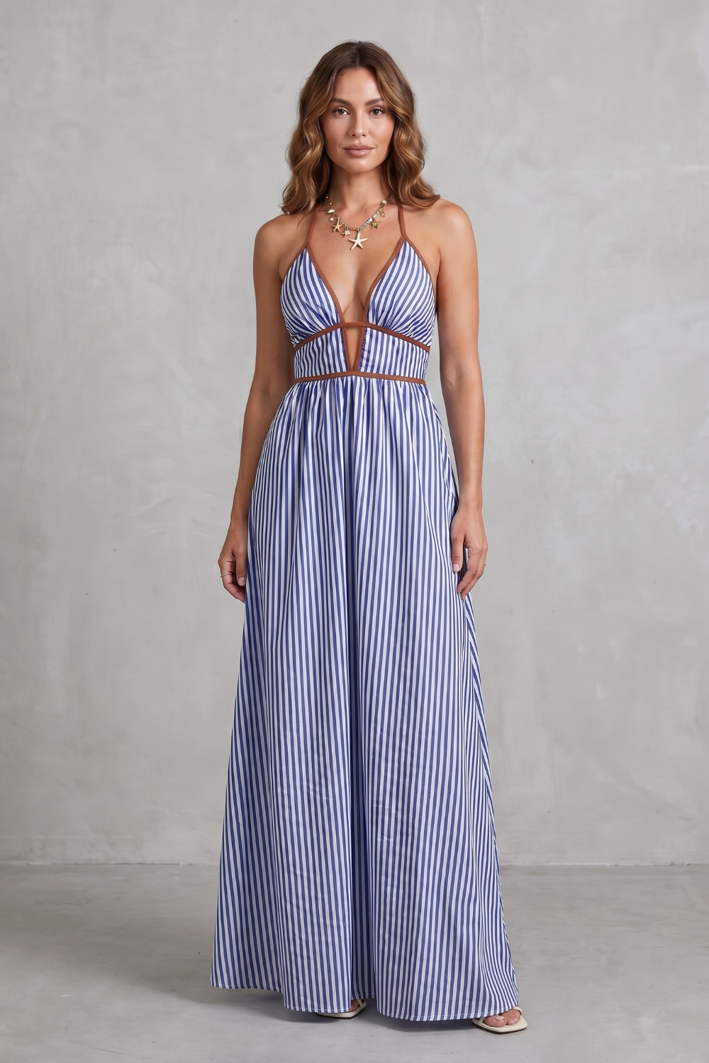 Striped Backless Silhouette Maxi Dress