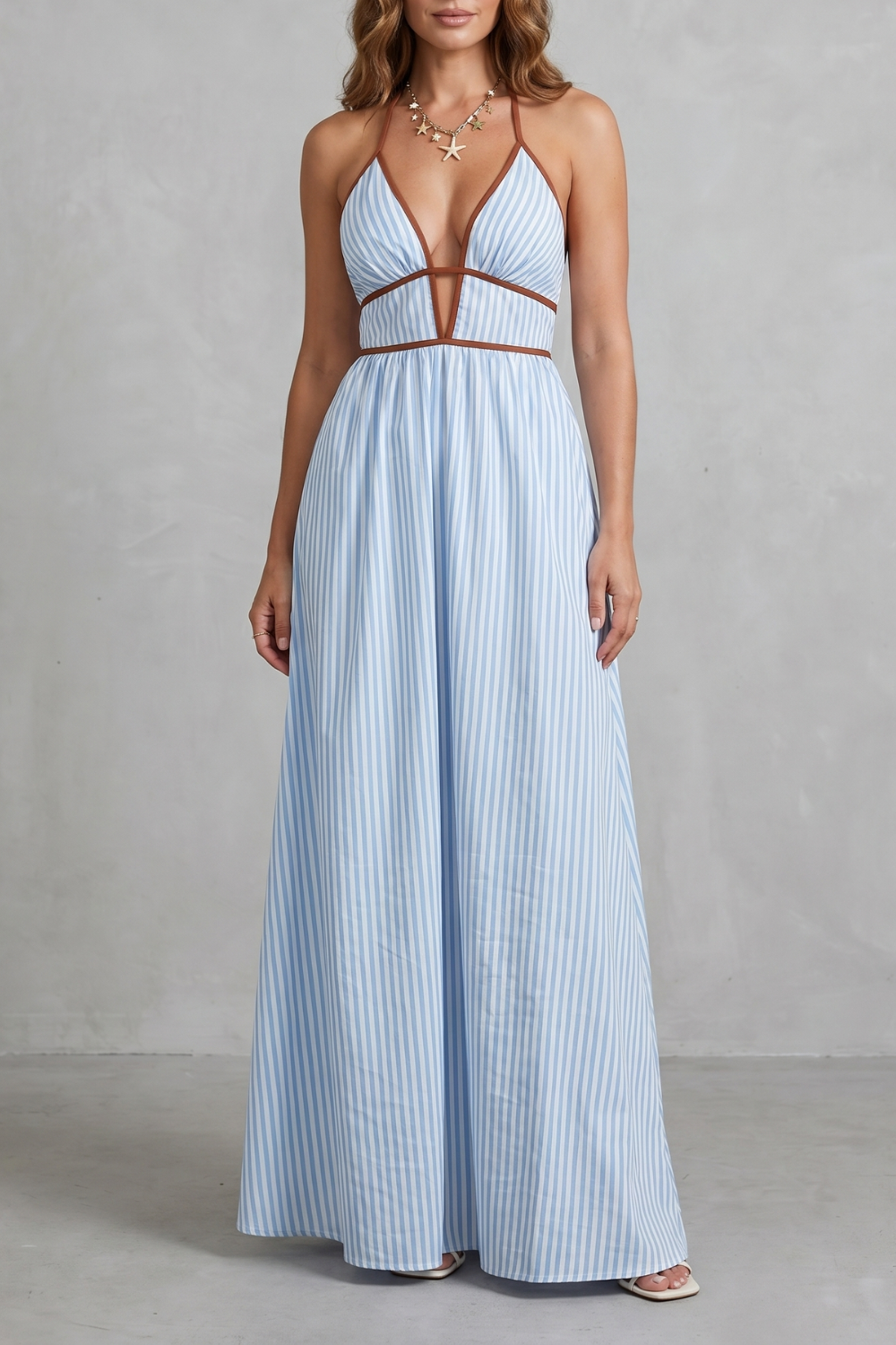 Striped Backless Silhouette Maxi Dress
