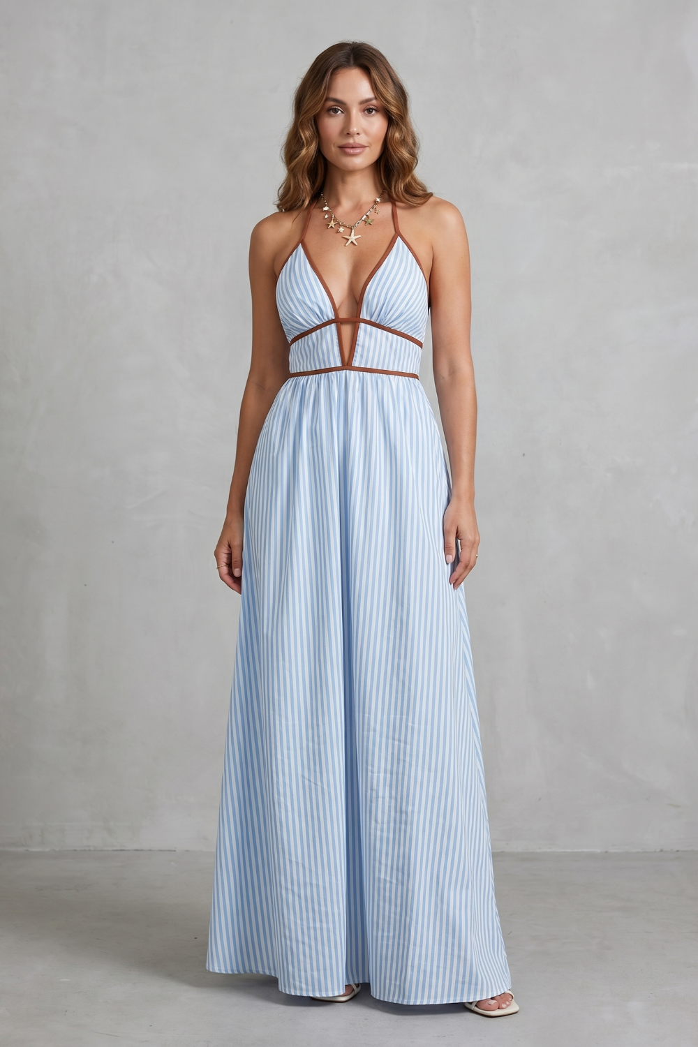 Striped Backless Silhouette Maxi Dress