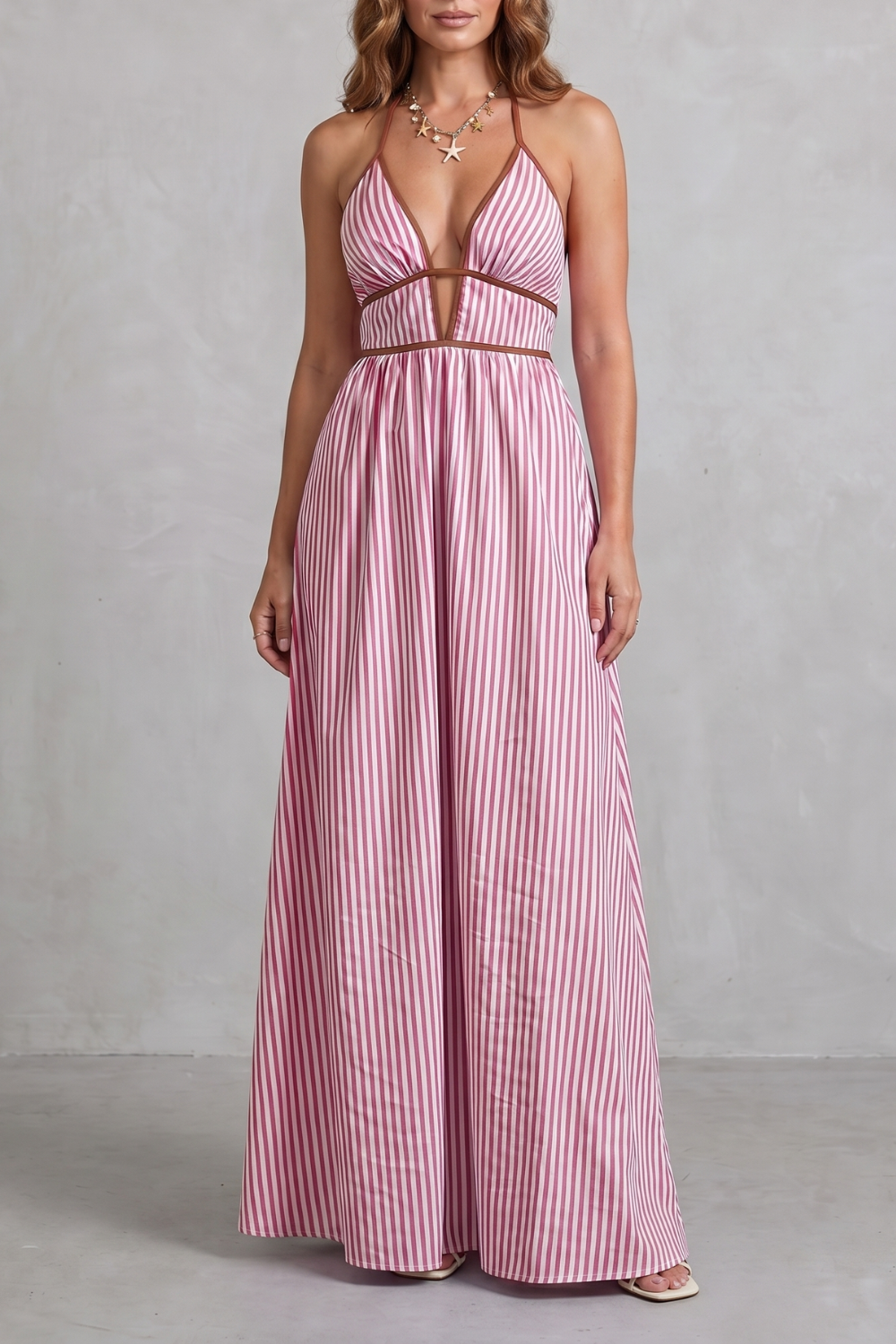 Striped Backless Silhouette Maxi Dress
