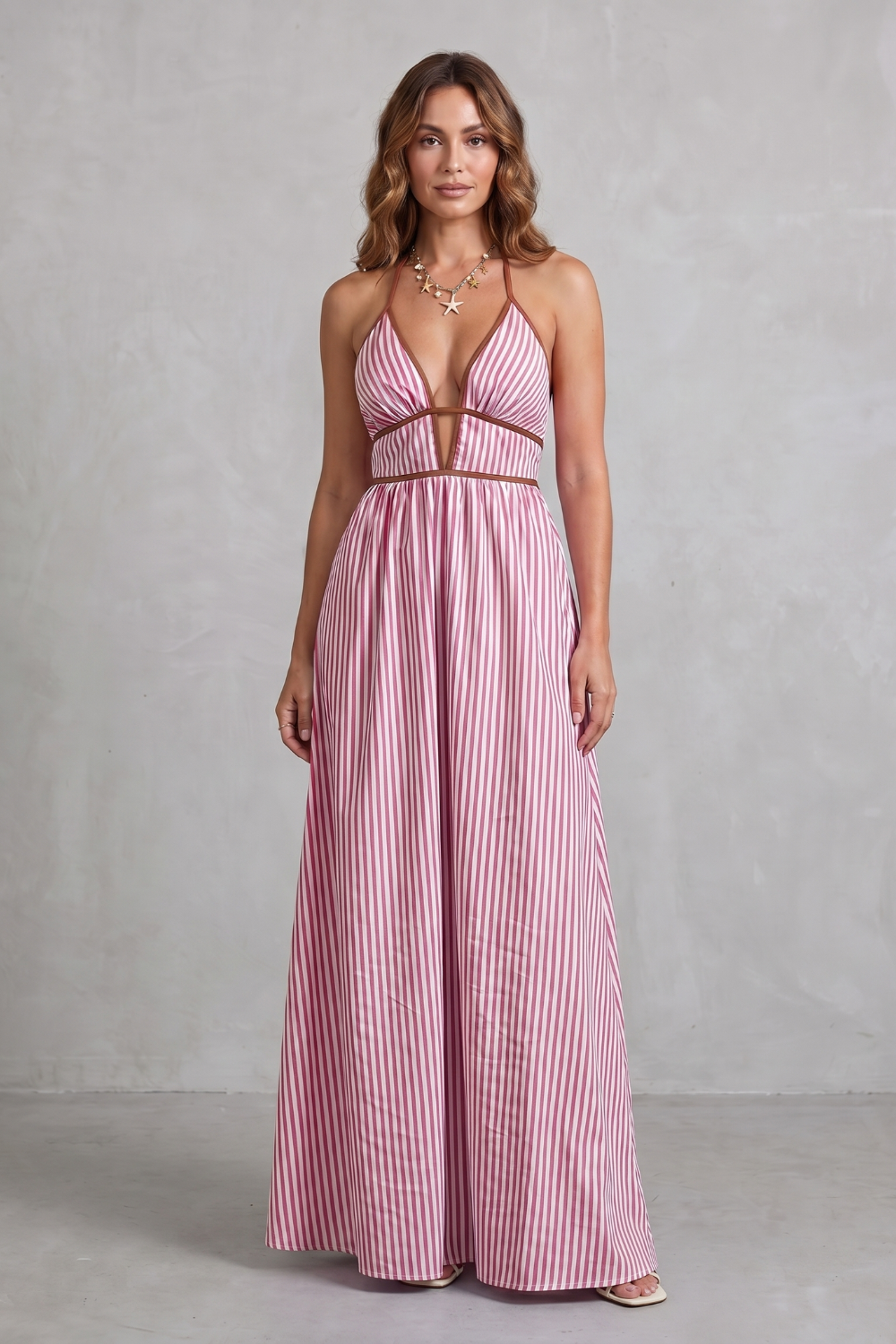Striped Backless Silhouette Maxi Dress
