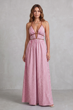 Striped Backless Silhouette Maxi Dress