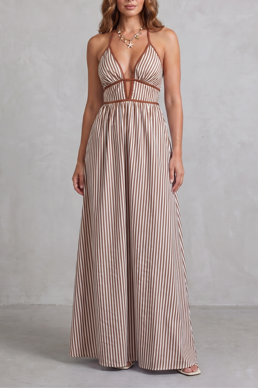 Striped Backless Silhouette Maxi Dress
