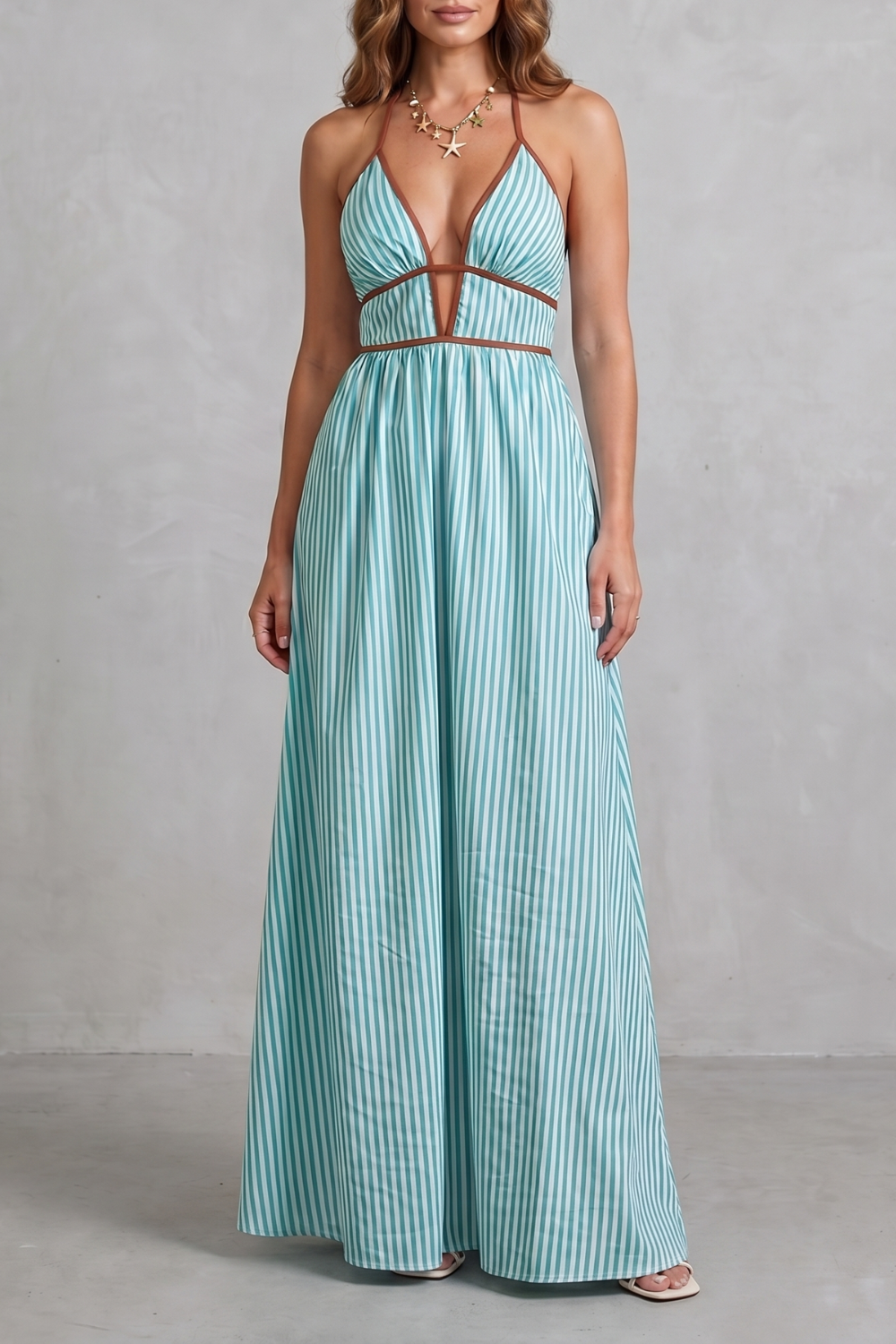 Striped Backless Silhouette Maxi Dress