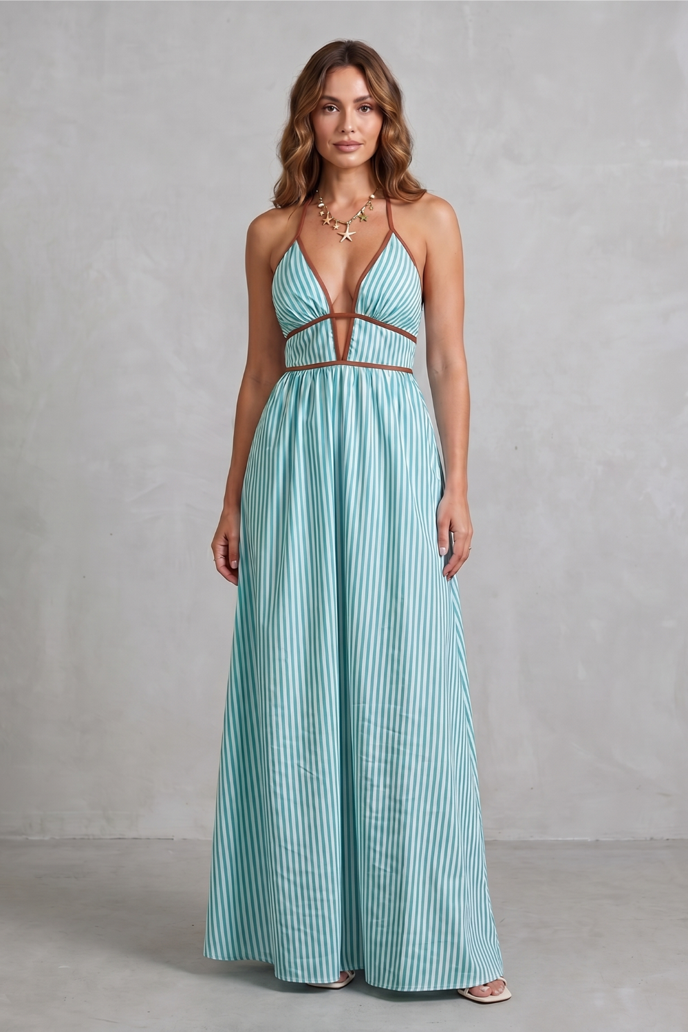 Striped Backless Silhouette Maxi Dress