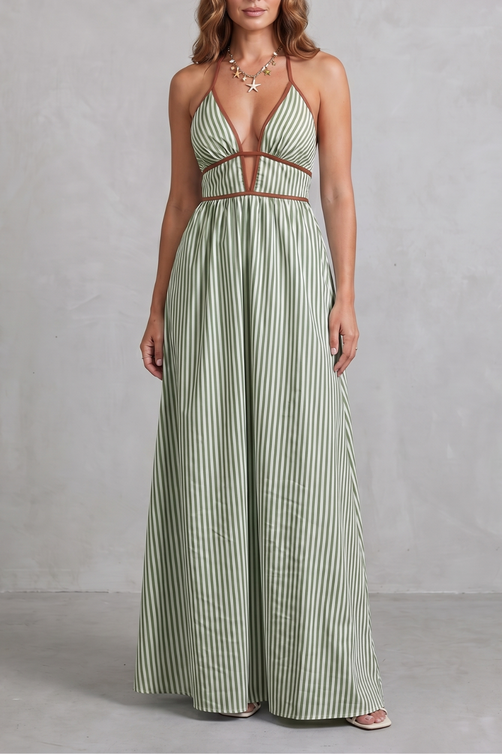 Striped Backless Silhouette Maxi Dress
