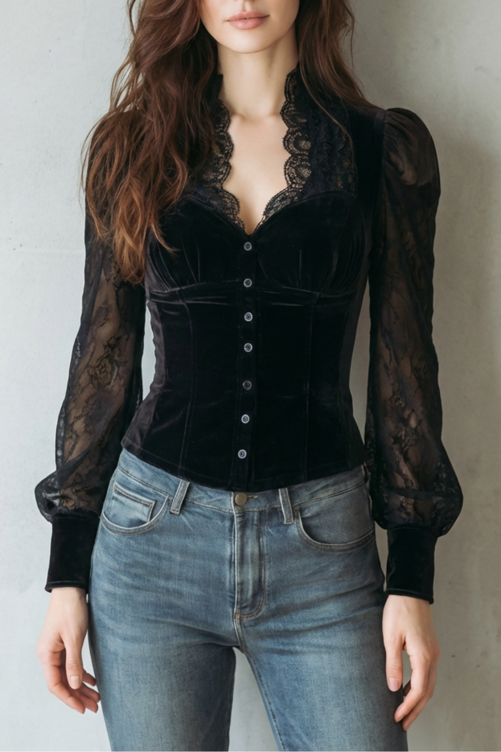 Lace Spliced Elegance Velvet Fitted Blouse
