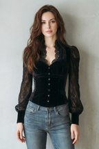 Lace Spliced Elegance Velvet Fitted Blouse