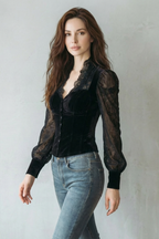Lace Spliced Elegance Velvet Fitted Blouse