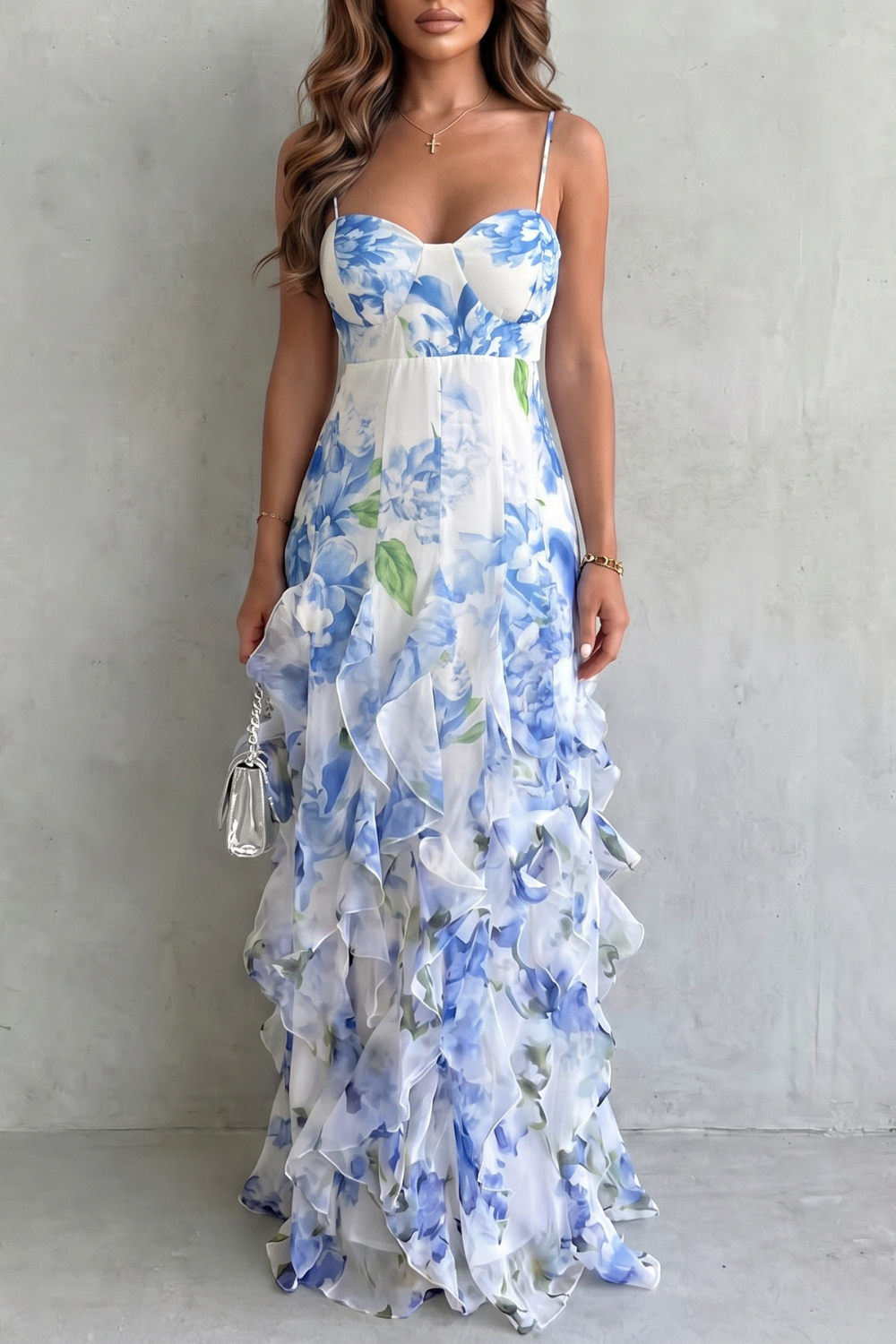 Sheer Floral Cascade Ruffled Evening Maxi Dress