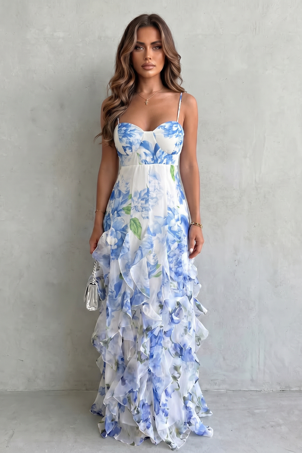 Sheer Floral Cascade Ruffled Evening Maxi Dress