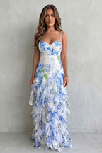 Sheer Floral Cascade Ruffled Evening Maxi Dress