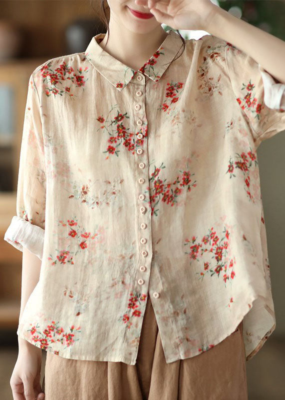 Floral Print Button-Front Blouse with Relaxed Fit and Long Sleeves