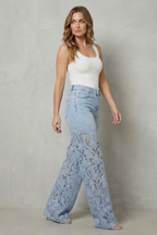 Floral Lace Overlay Wide-leg Denim Jeans
