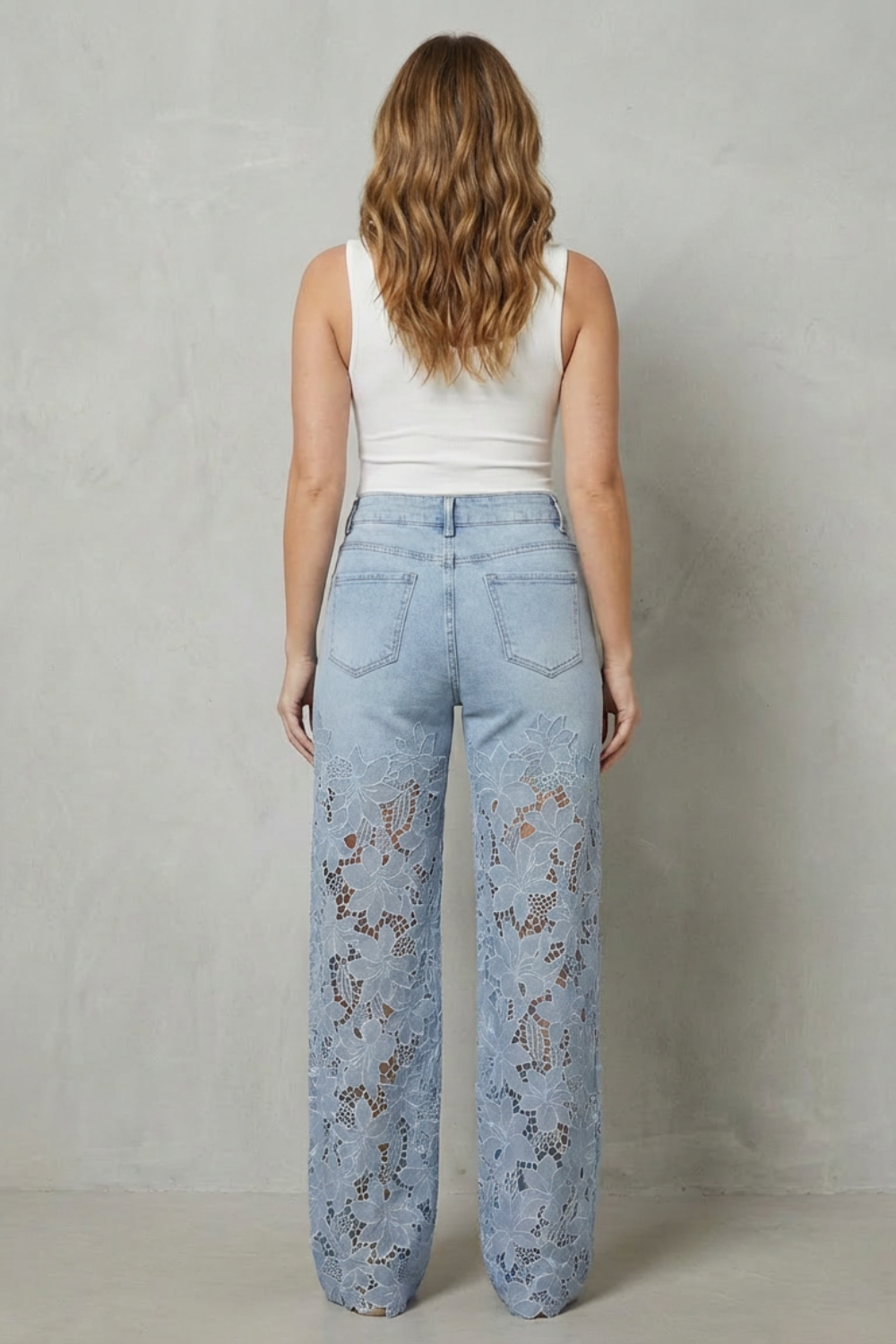 Floral Lace Overlay Wide-leg Denim Jeans