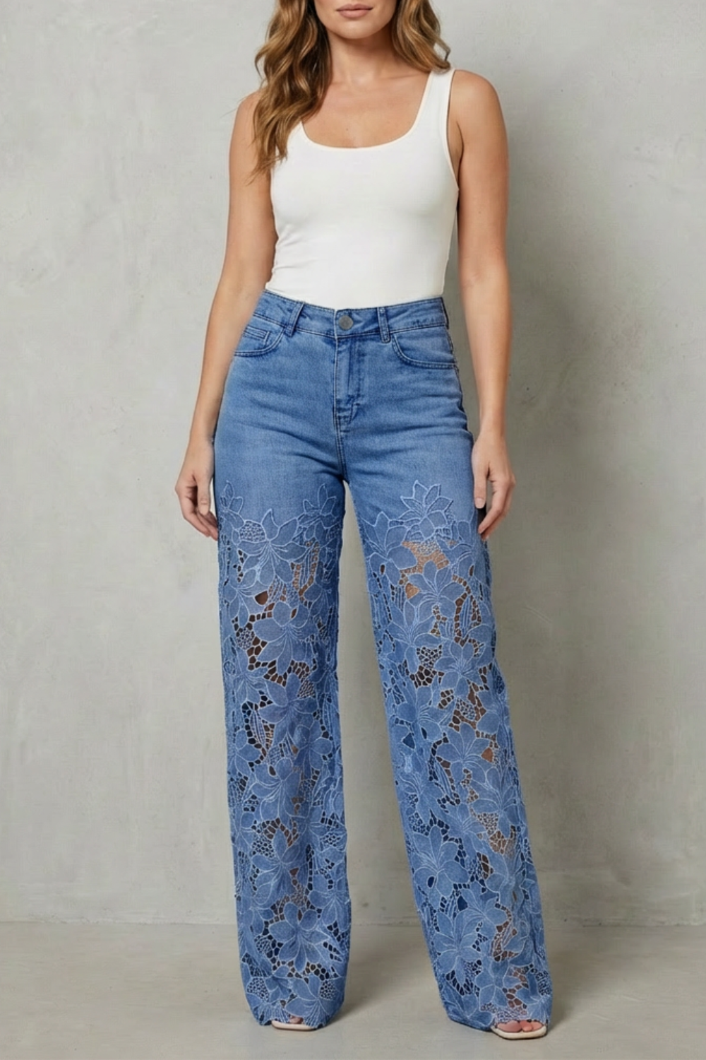 Floral Lace Overlay Wide-leg Denim Jeans