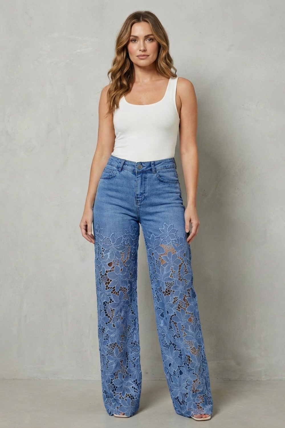Floral Lace Overlay Wide-leg Denim Jeans