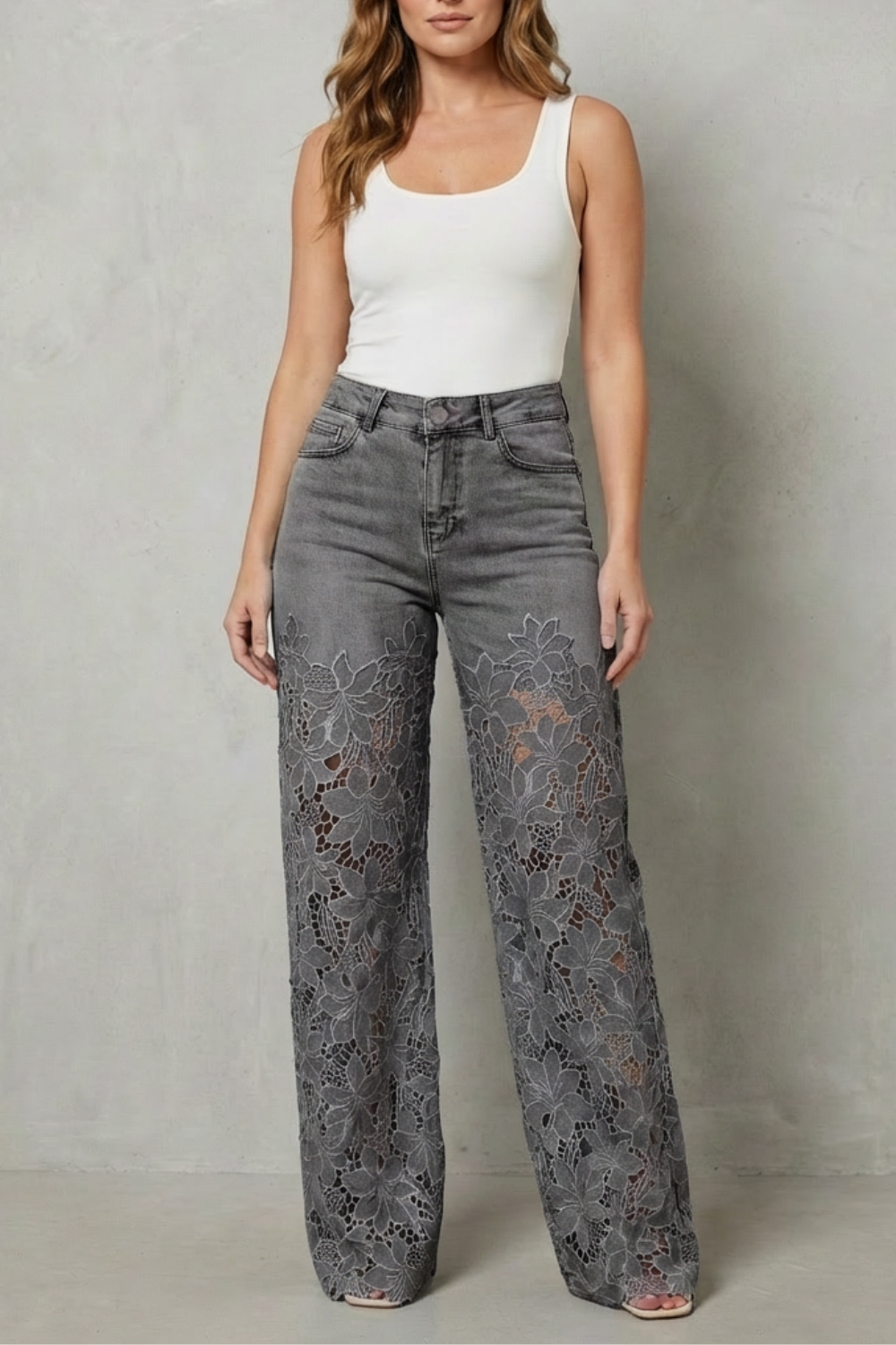 Floral Lace Overlay Wide-leg Denim Jeans