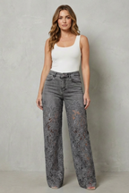 Floral Lace Overlay Wide-leg Denim Jeans