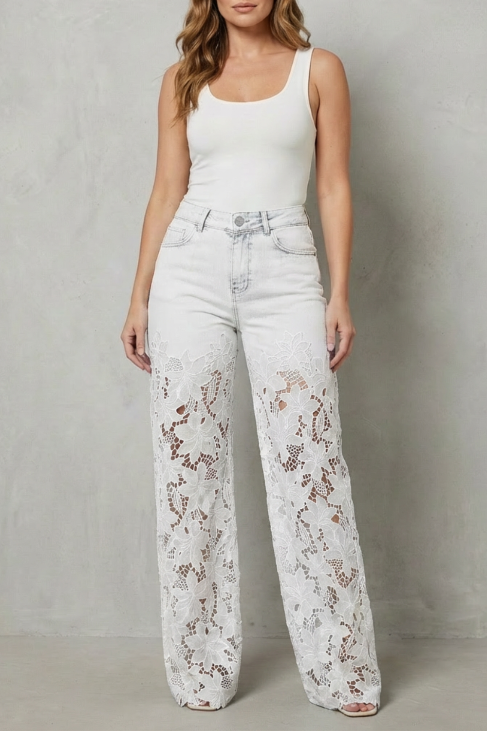 Floral Lace Overlay Wide-leg Denim Jeans