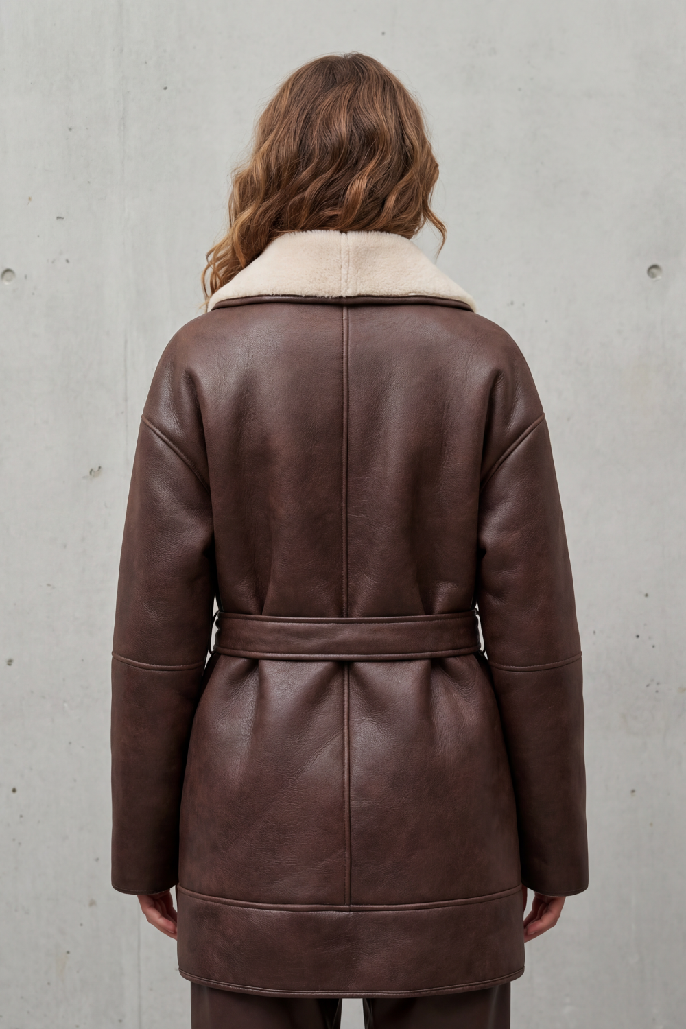 Contrast Fleece Wrap Belted Faux Leather Coat