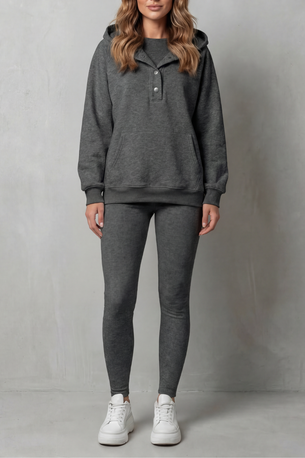 Button Detail Hoodie Cozy Relaxed Set
