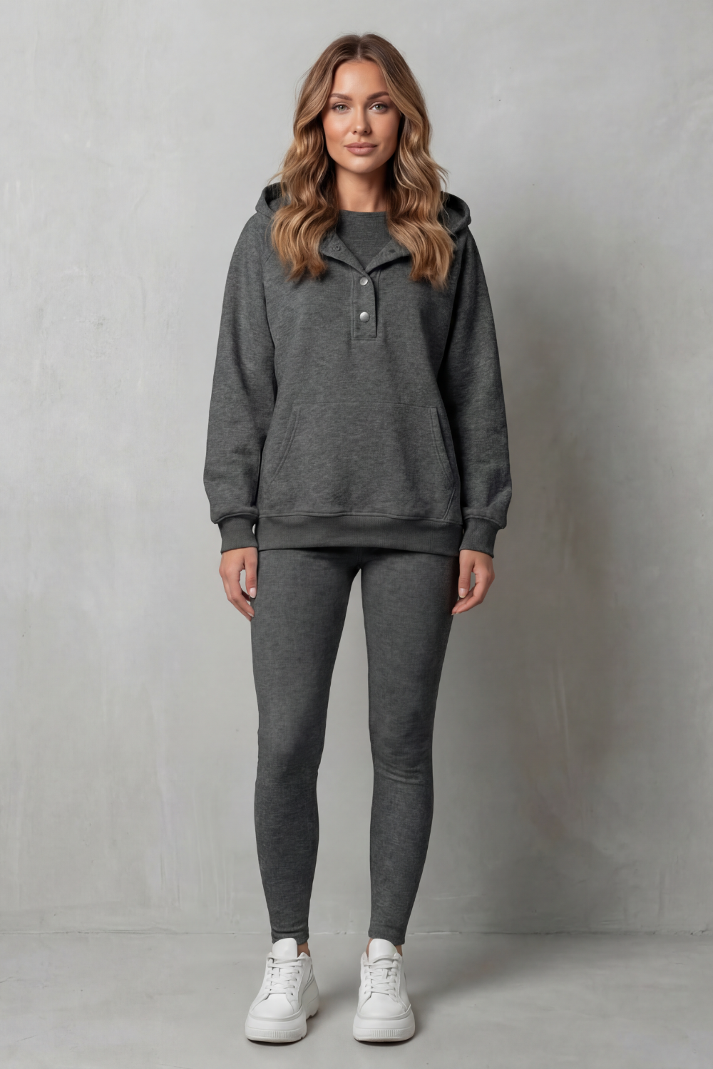 Button Detail Hoodie Cozy Relaxed Set