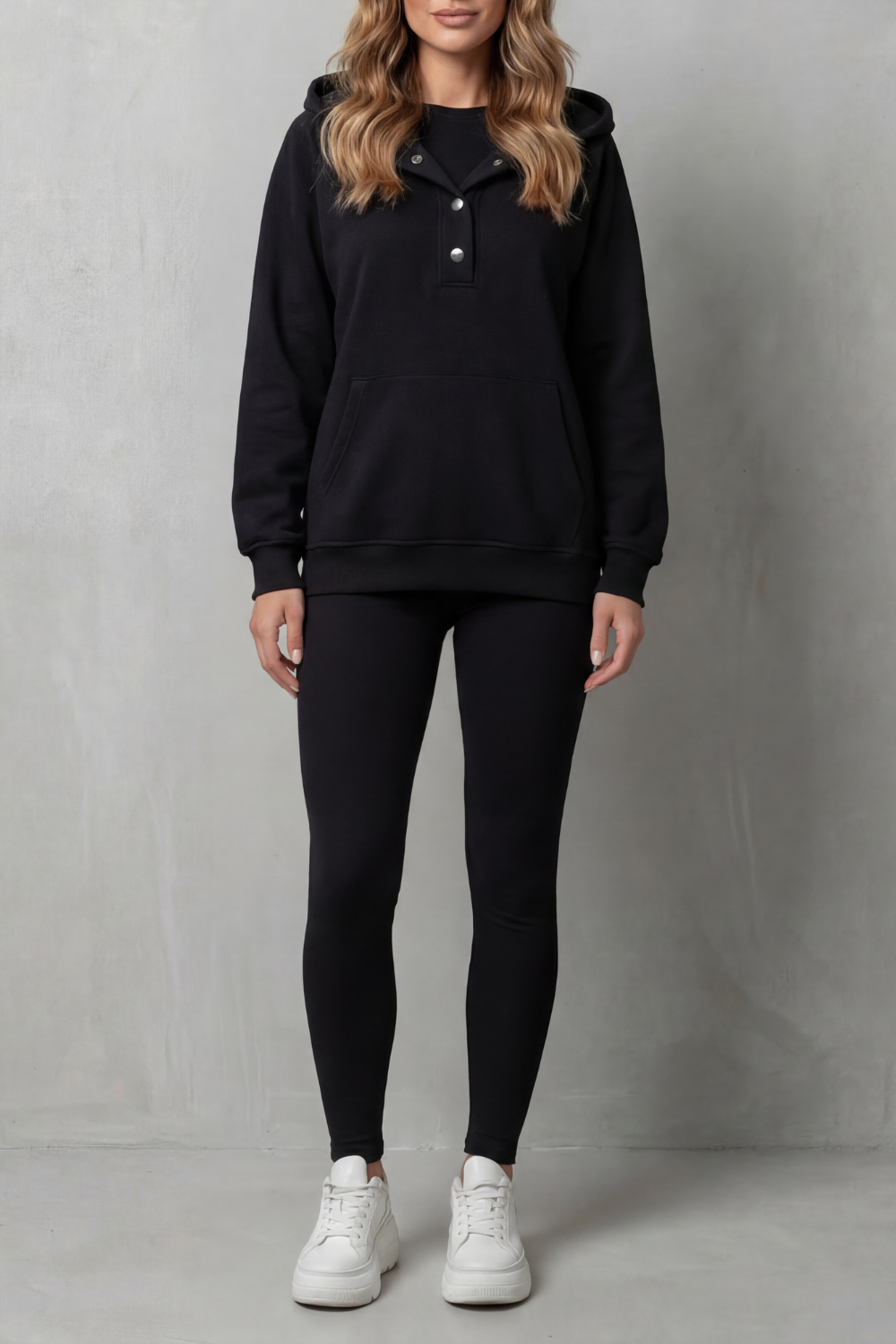 Button Detail Hoodie Cozy Relaxed Set