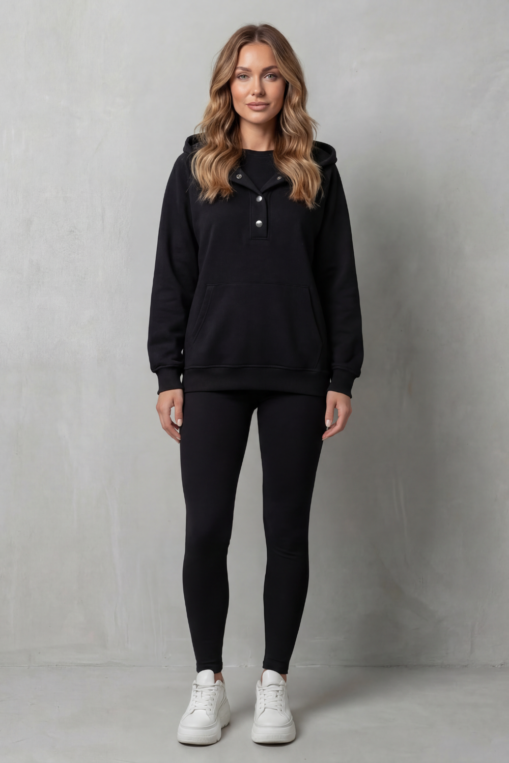 Button Detail Hoodie Cozy Relaxed Set