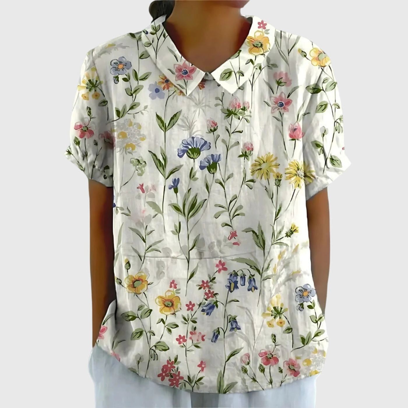 Rosalind™ | Floral Print Short Sleeve Collared Blouse