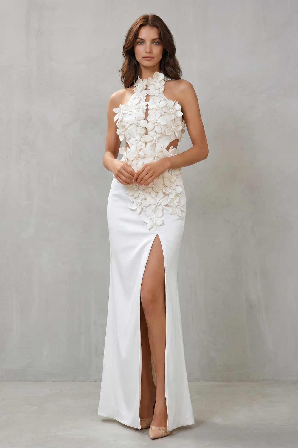 Ethereal Bloom Women’s Halter Neck Flower Split Maxi Dress