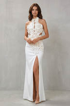 Ethereal Bloom Women’s Halter Neck Flower Split Maxi Dress