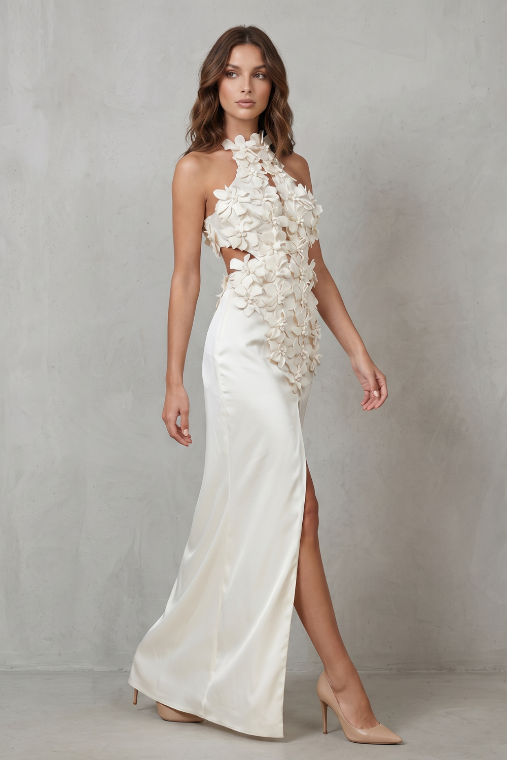 Ethereal Bloom Women’s Halter Neck Flower Split Maxi Dress